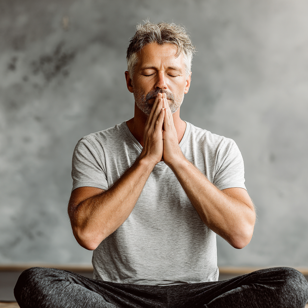 Smiling middle-aged Ukrainian woman in comfortable yoga attire practicing gentle stretching poses in a serene natural outdoor setting