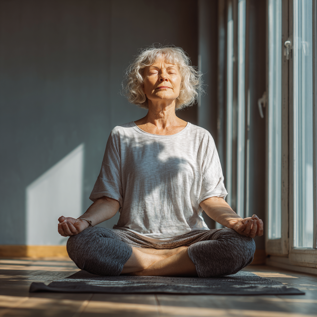 Peaceful elderly Ukrainian man with gray hair sitting in meditation pose in a quiet garden setting, eyes closed in serene concentration